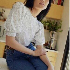 Nation Ltd Top Rimma Dotty Printed Exaggerated Puff Sleeve Tee Pima Cotton Small